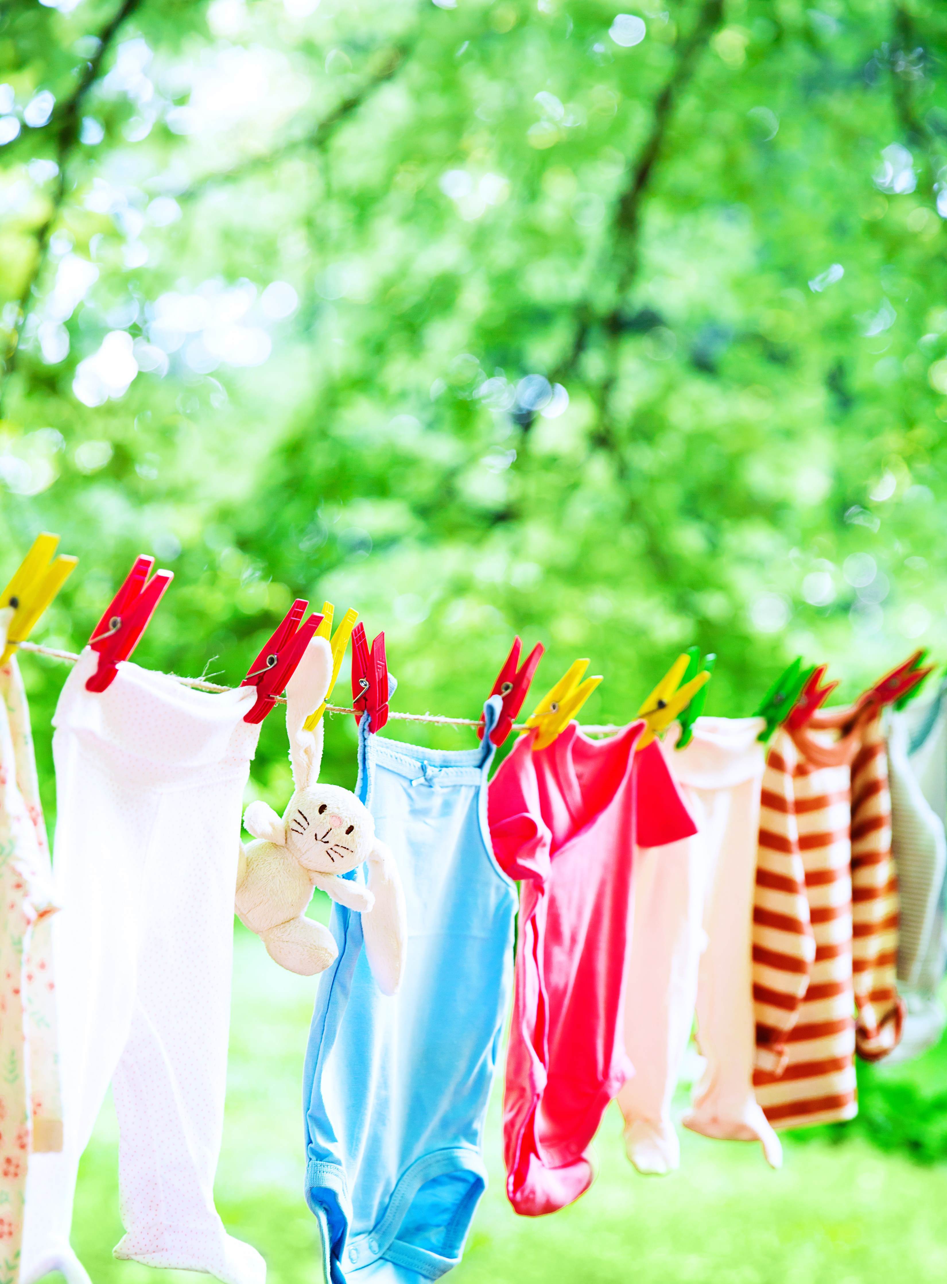 Clothes and teddy on washing line