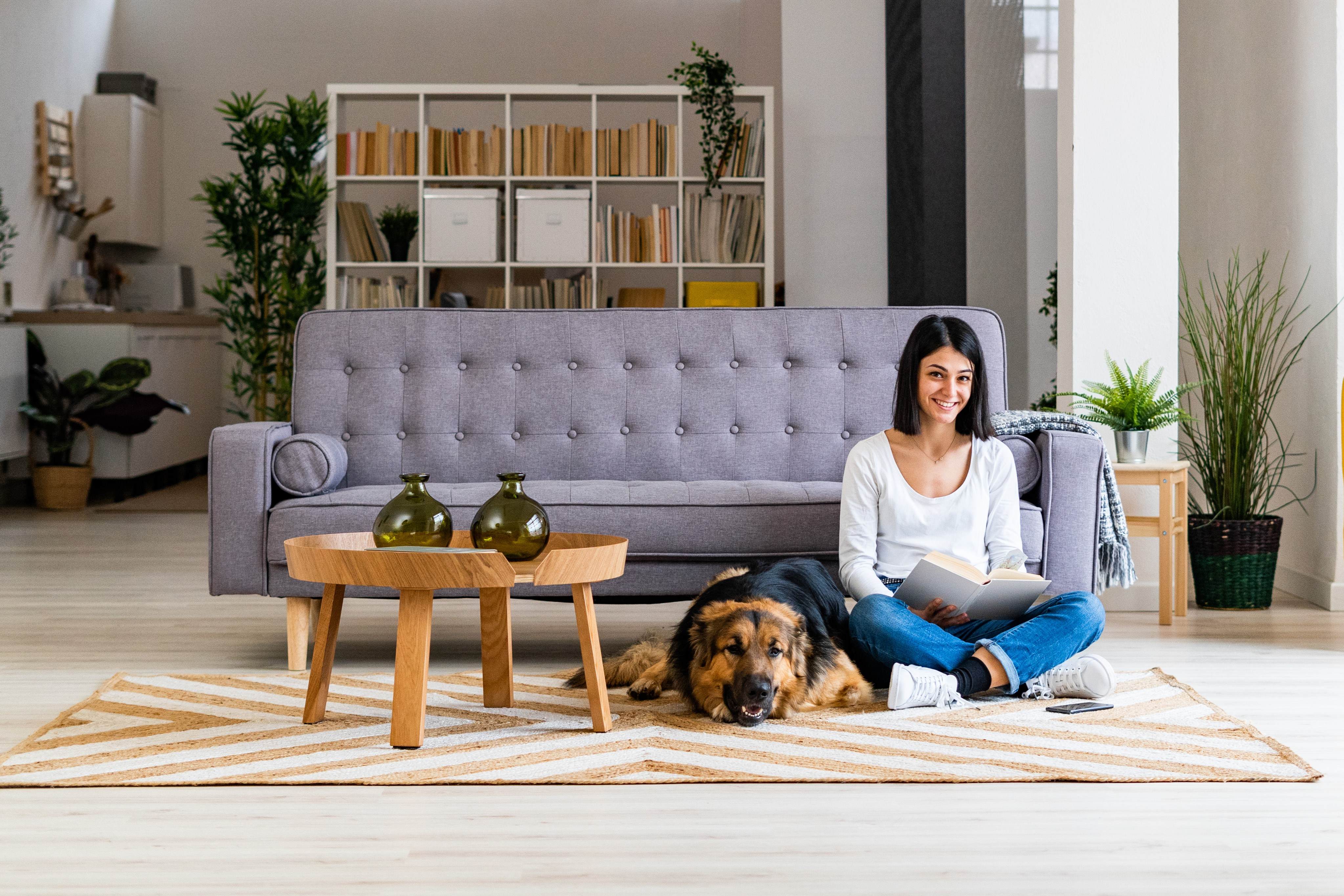 Brunette female sitting on the floor in front of a sofa reading a book next to a German Shepherd dog used to represent Croda Home Care NeutraFresh BD
